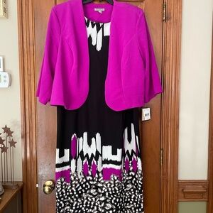 Maya Brooke Magenta Blazer & Black Patterned Sleeveless Dress Set, NWT, Size 24W